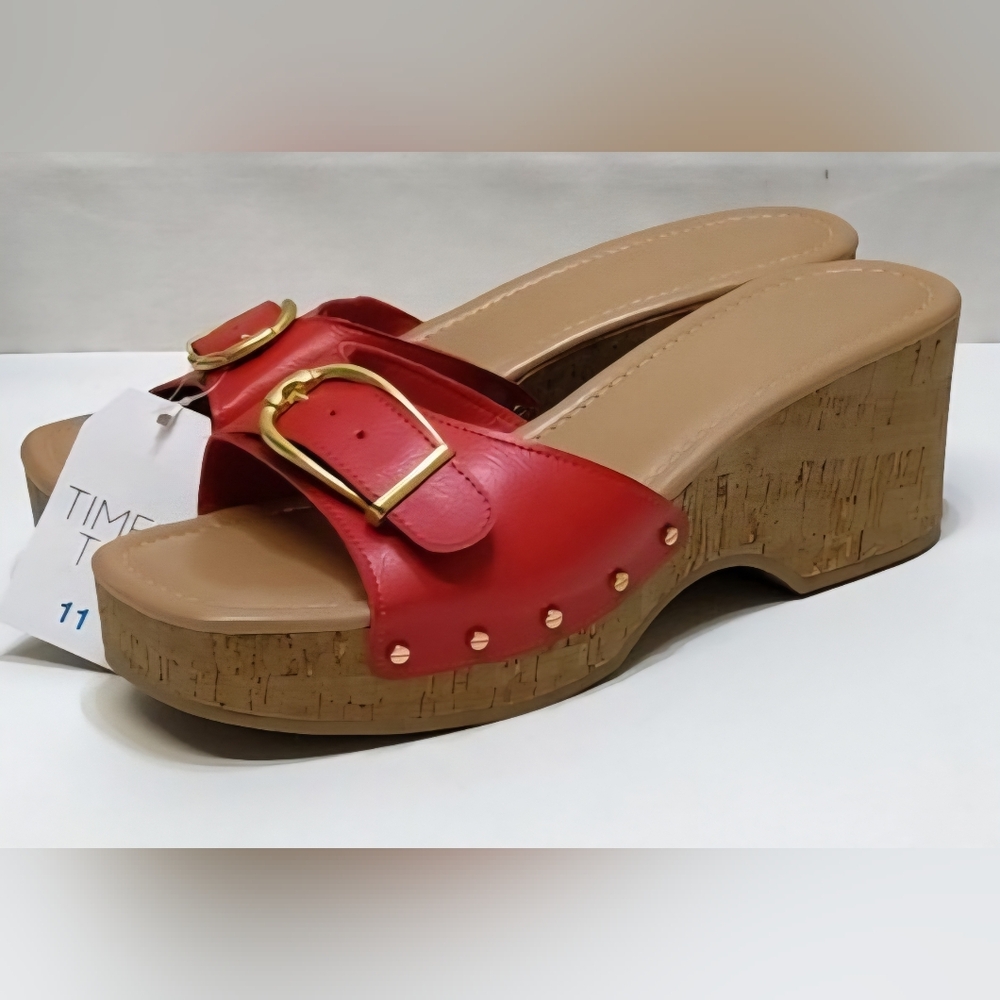 Time and Tru Women's Red Buckle Cork Platform Sandal - Picture 4 of 11